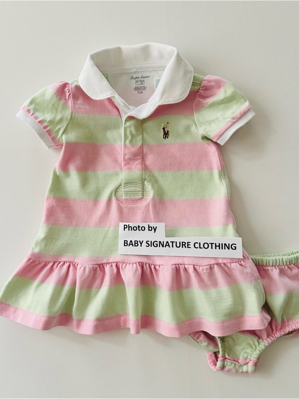 Ralph Lauren 3 Months Baby Girl Pink Green Striped Polo Dress Spring Summer